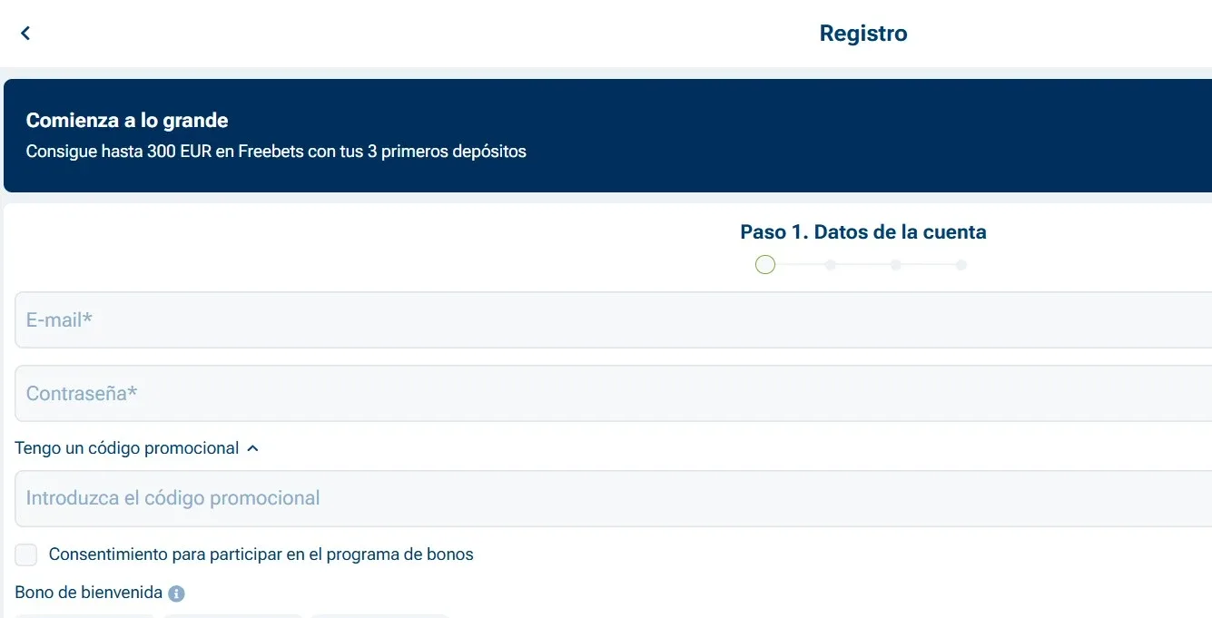 Campo promo para registro rápido 1xBet