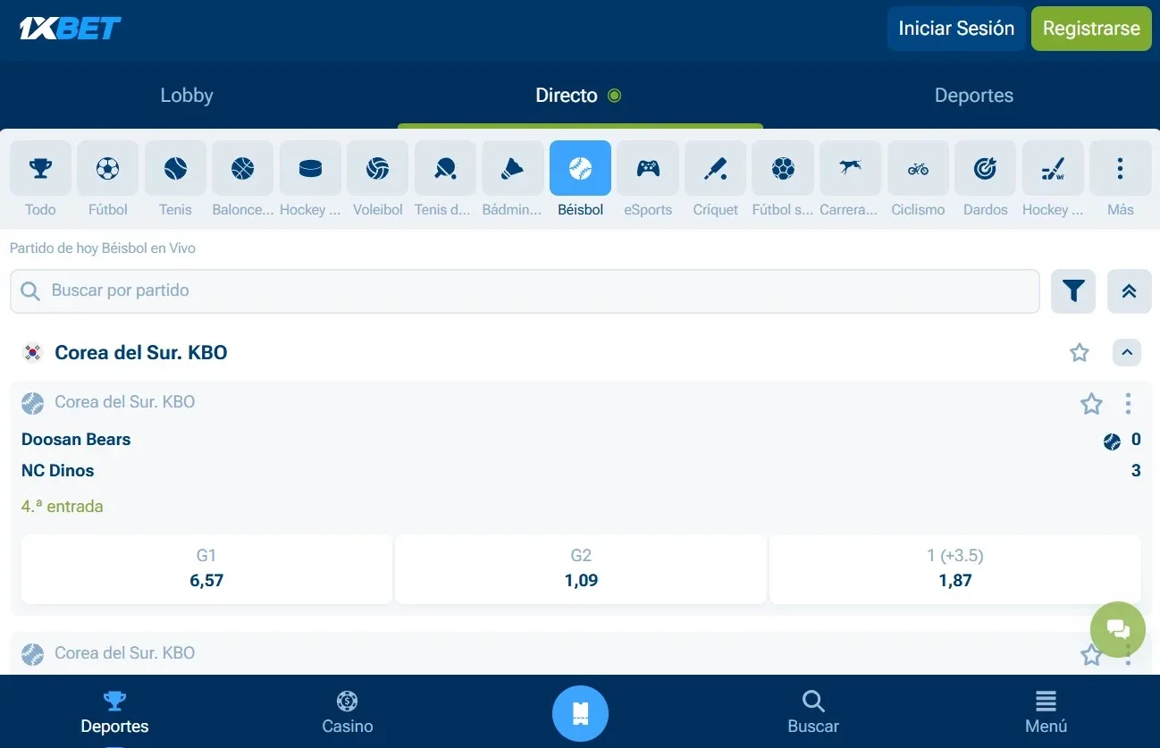 1xBet LIVE con estadísticas y mercados
