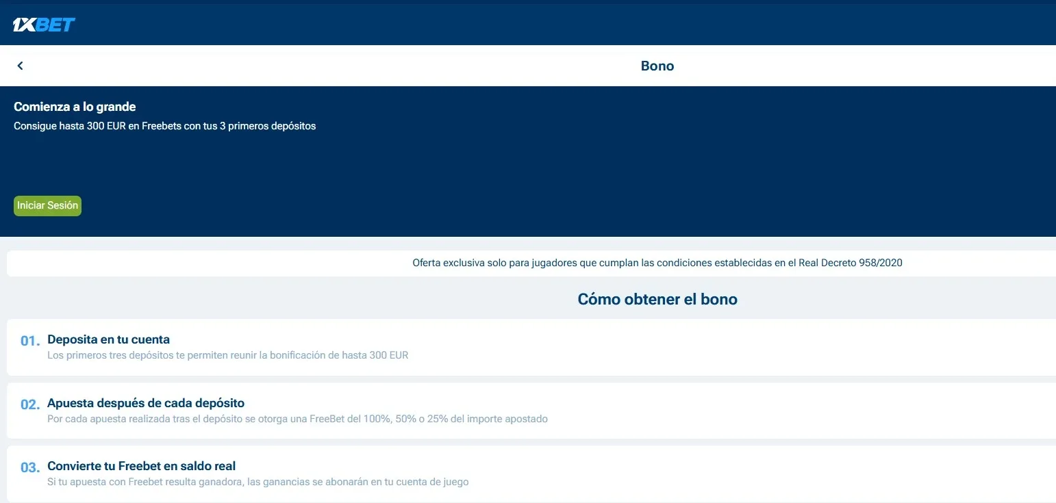 Promoción inicial 1xBet tras registro